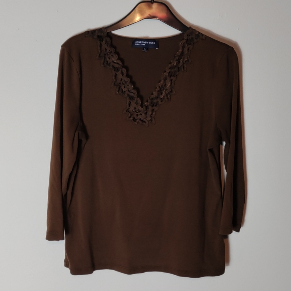 Brown long sleeve knit top with lace insert